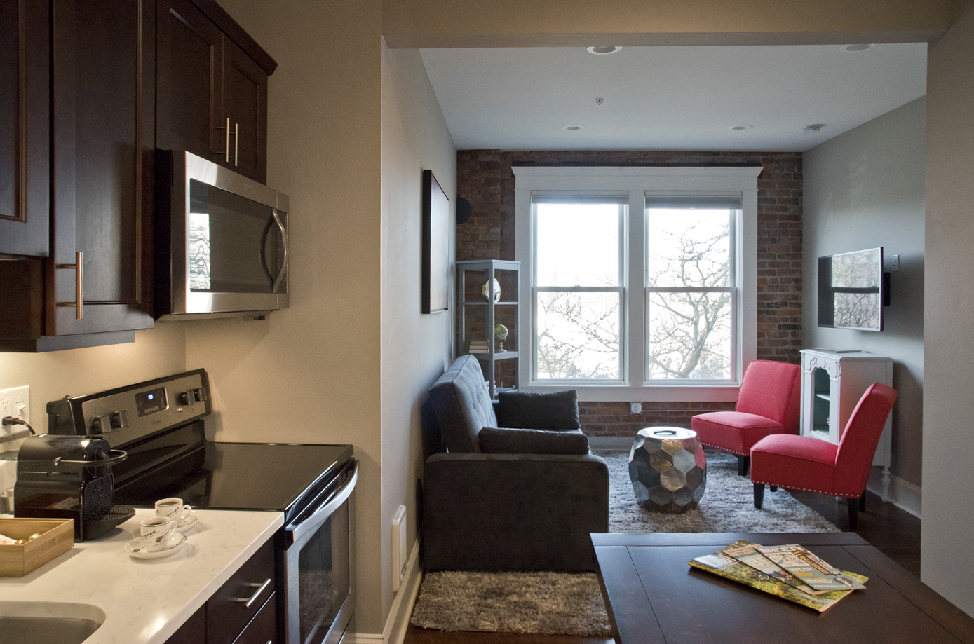 Looking through the kitchen into the living room