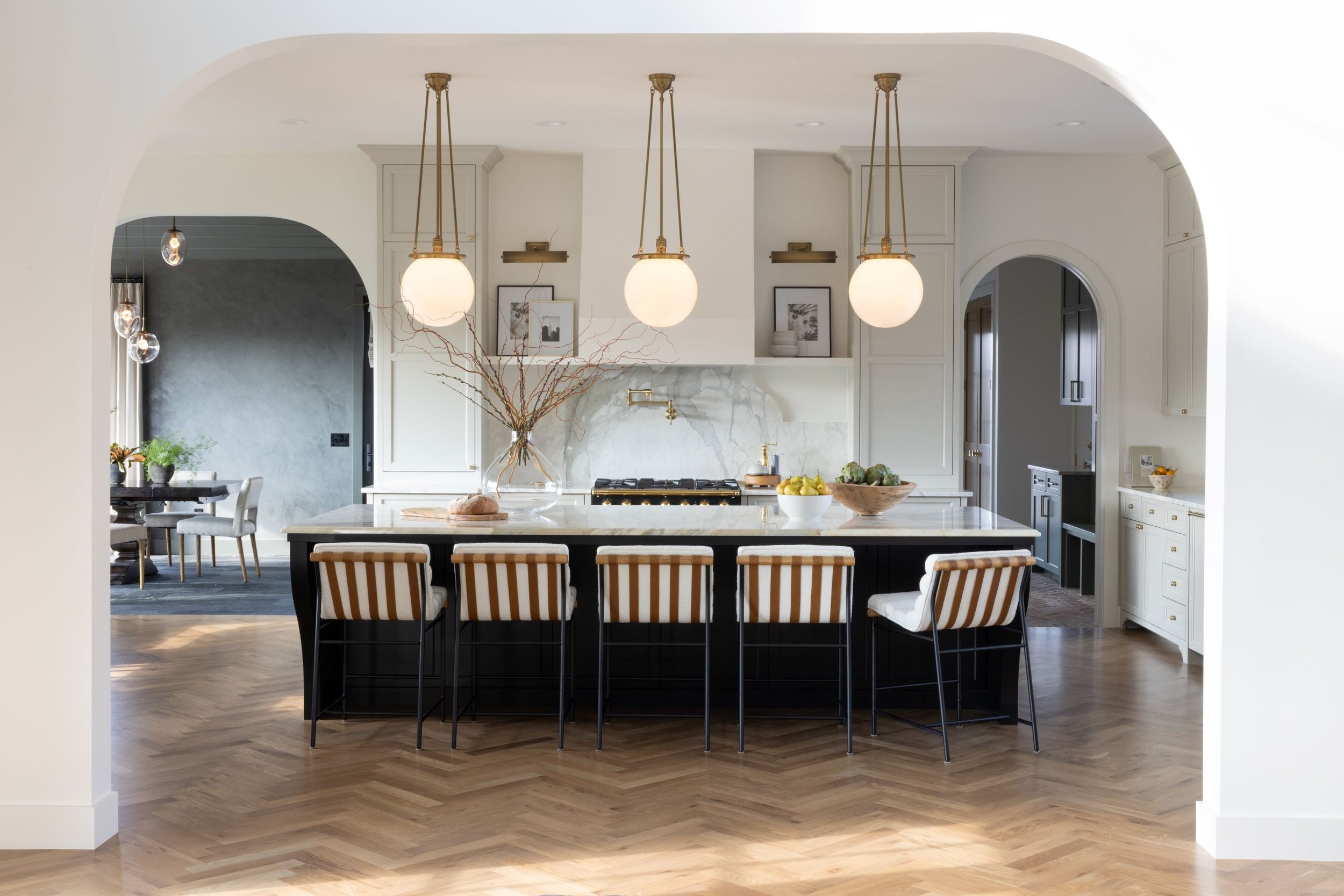 Black Kitchen Island Herringbone wood floor marble countertops