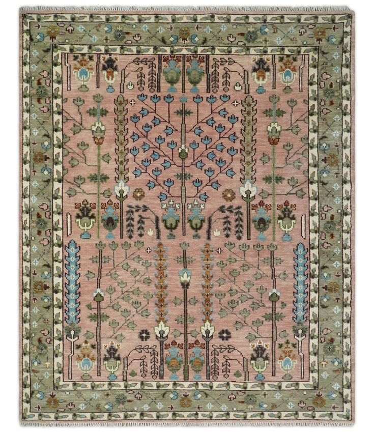 pink olive and beige traditional vintage heriz serapi wool rug.jpg