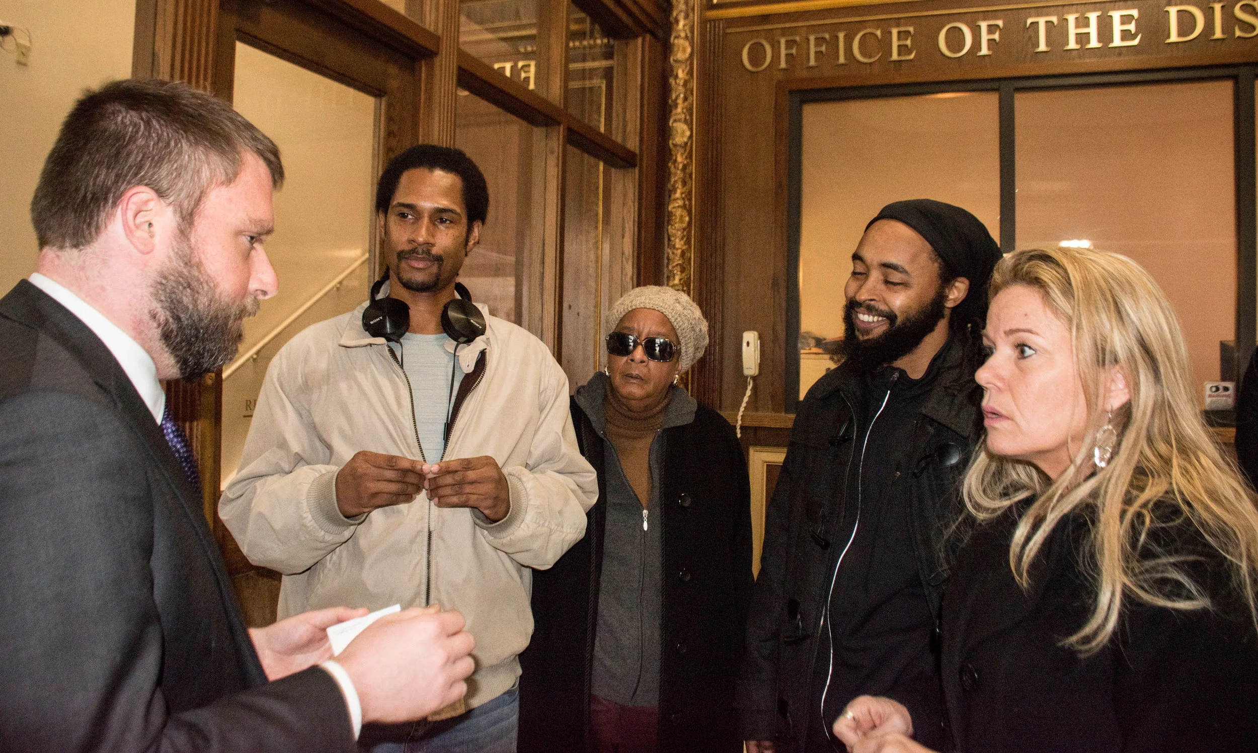 Jan 7, 2019 Thousands of Mumia Abu-Jamal Petitions delivered to DA Krasner  L to R: Ben Waxman, Mike Africa Jr, Linda Ragin, Wayne Cook, Sandy Joy