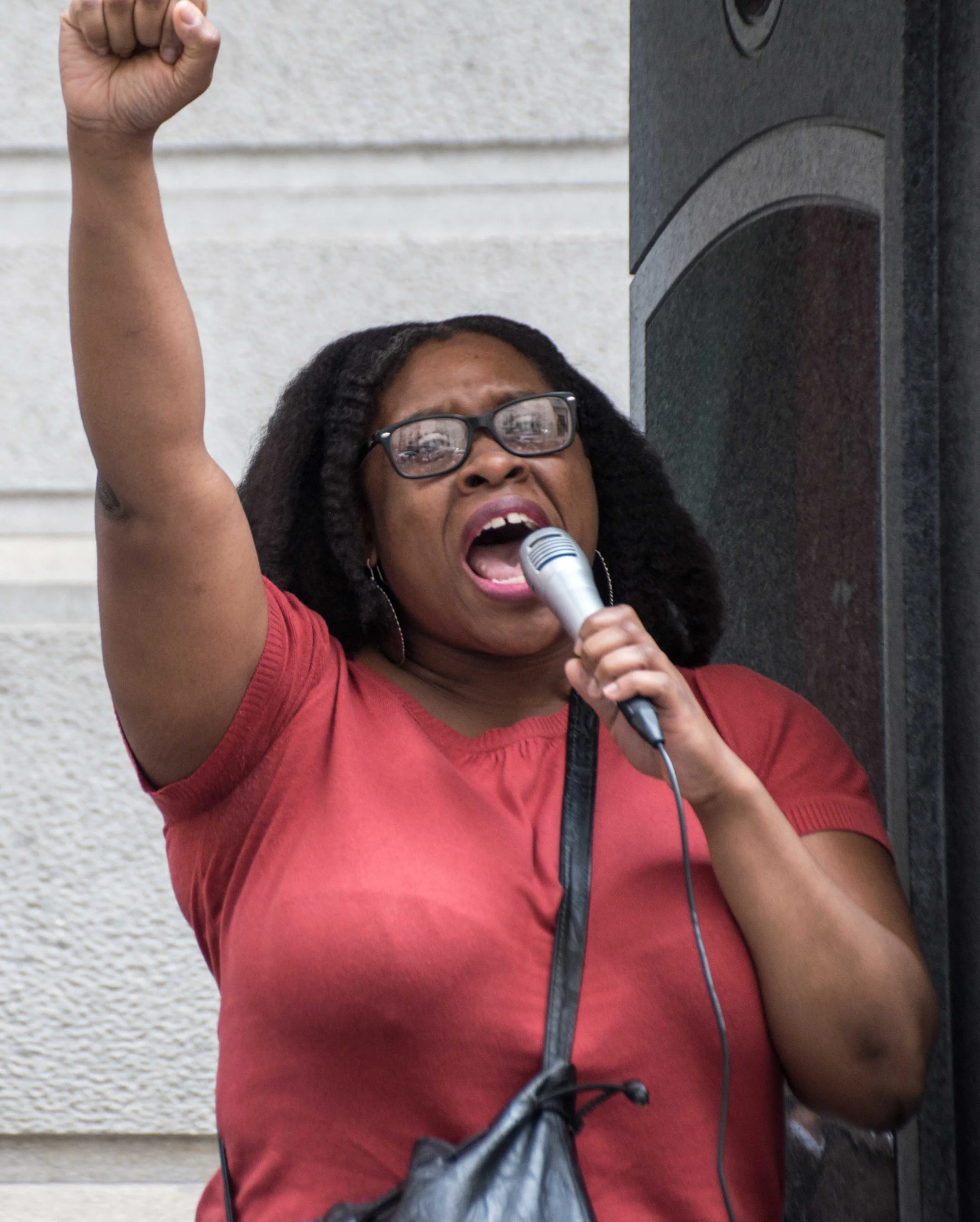 Philadelphia, Apr 18, 2019 - Press Conference for Mumia Abu-Jamal. Megan Malachi, REAL Justice (photo credit: Joe Piette)