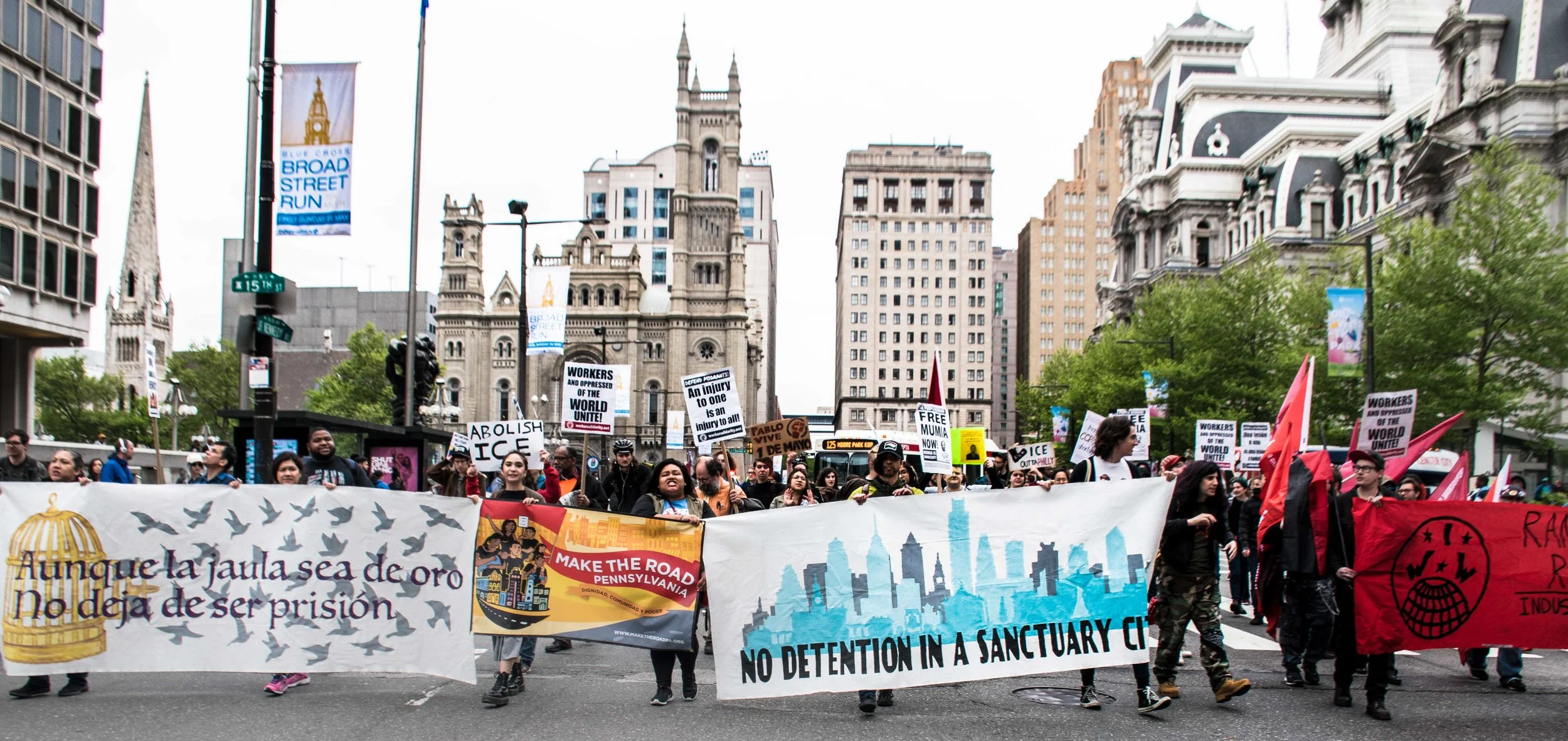 Free Mumia signs at Philly May 1st International Workers Day march. Photo Credit: Joe Piette