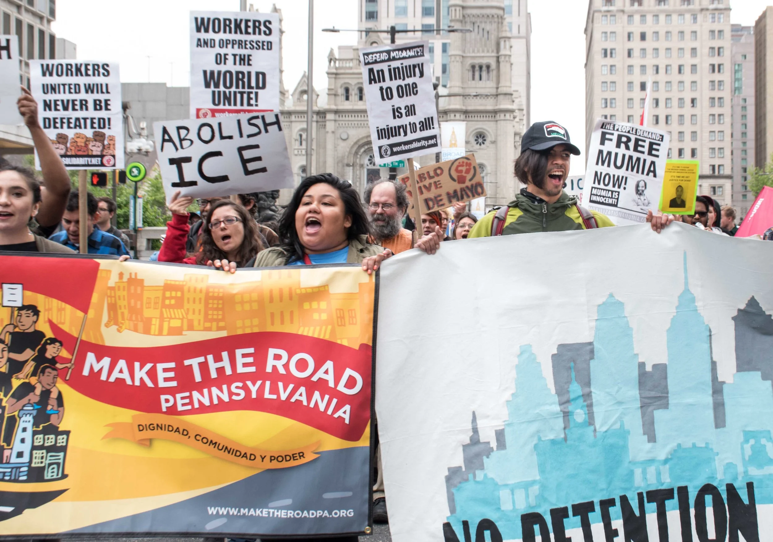 Free Mumia signs at Philly May 1st International Workers Day march. Photo Credit: Joe Piette