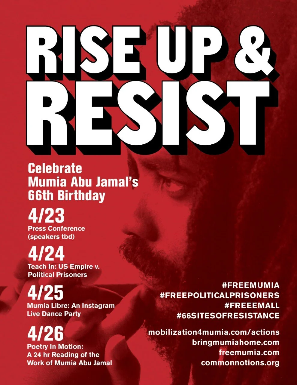 In celebration of Mumia's 66th birthday on April 24, please participate in these exciting virtual events from April 23-26.    To view the April 23 press conference register at:    https://www.eventbrite.com/e/at-66-mumia-fights-legal-political-urgent-covid-19-battle-tickets-102743526654?aff=ebdssbonlinesearch