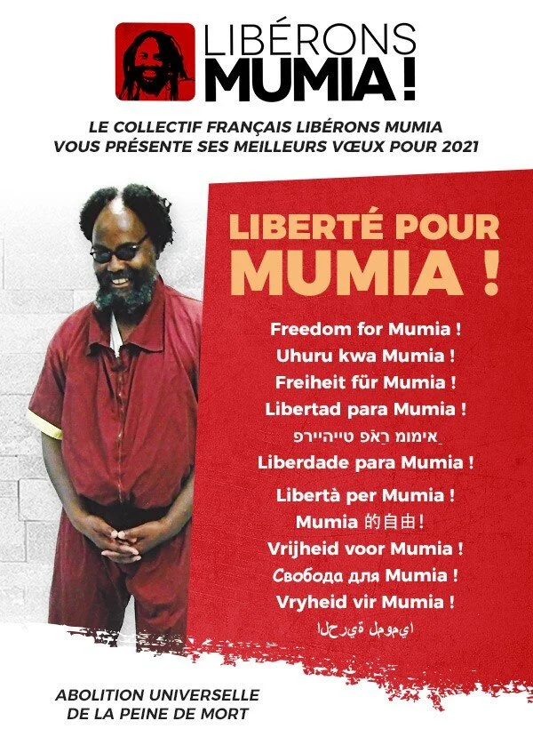 Poster being used for Jan 6, 2021 rally in Paris, France to free Mumia
