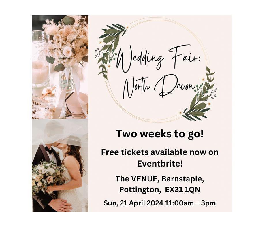 Just over a week to go!
Book your free tickets and time slot now at:
https://www.eventbrite.com/e/wedding-fair-north-devon-sunday-21st-april-2024-tickets
Tickets are free and include:
Free premium goodie bag for first 100 couples 
Free glass of fizz 
