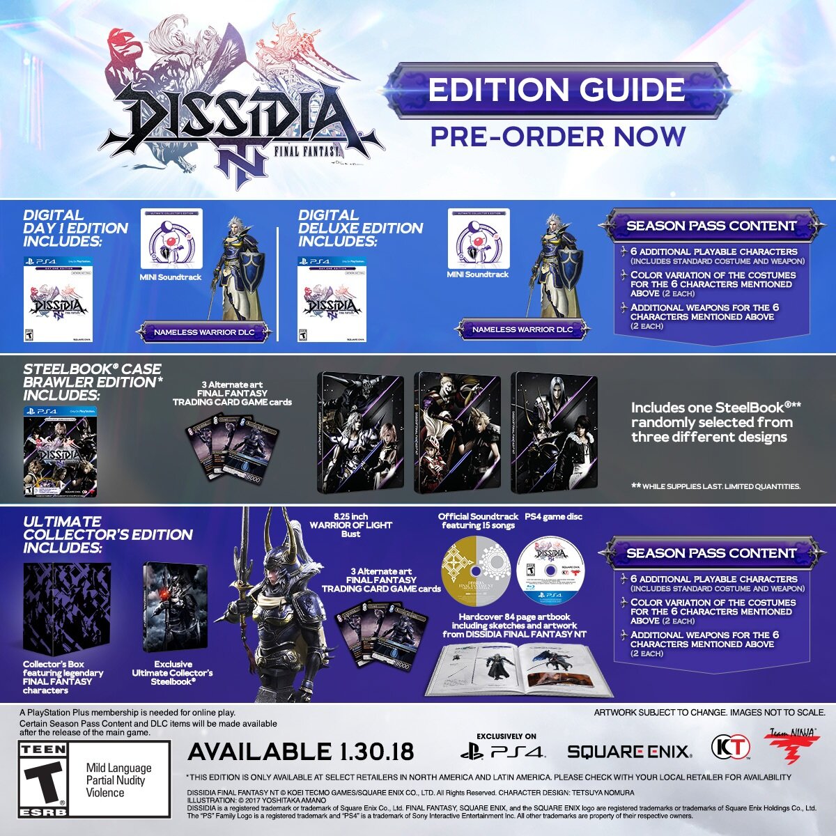   [Standard, Steelbook, Collector’s Editions - DISSIDIA FINAL FANTASY NT]   DISSIDIA is all about bringing everyone's favorite FINAL FANTASY characters and battling it out in a 3 vs. 3 arena brawler.  We created digital editions, a steelbook edition 