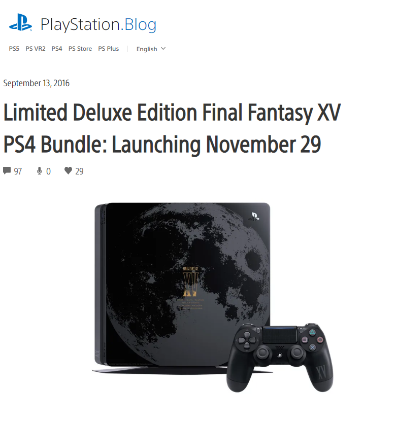   [FINAL FANTASY XV - Custom Hardware Bundle]   Led Square Enix America’s custom hardware bundle.   PlayStation Blog here  