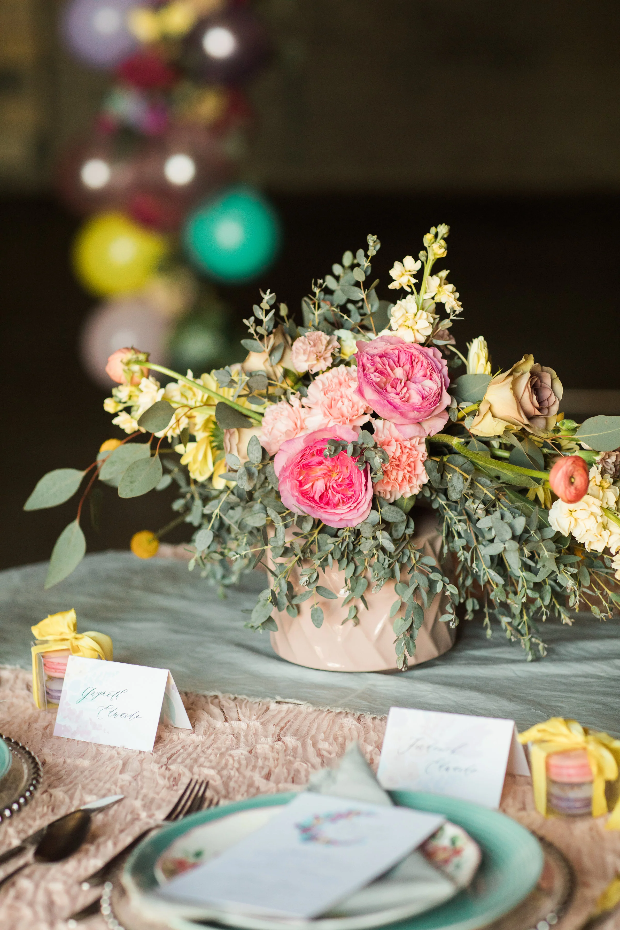 flowers by Floral Sense, menu and place cards by Jade social, photo by Casey Brodley, napkin and ribbon by Rosemarine Textiles, macaroons by Bella e Dolce