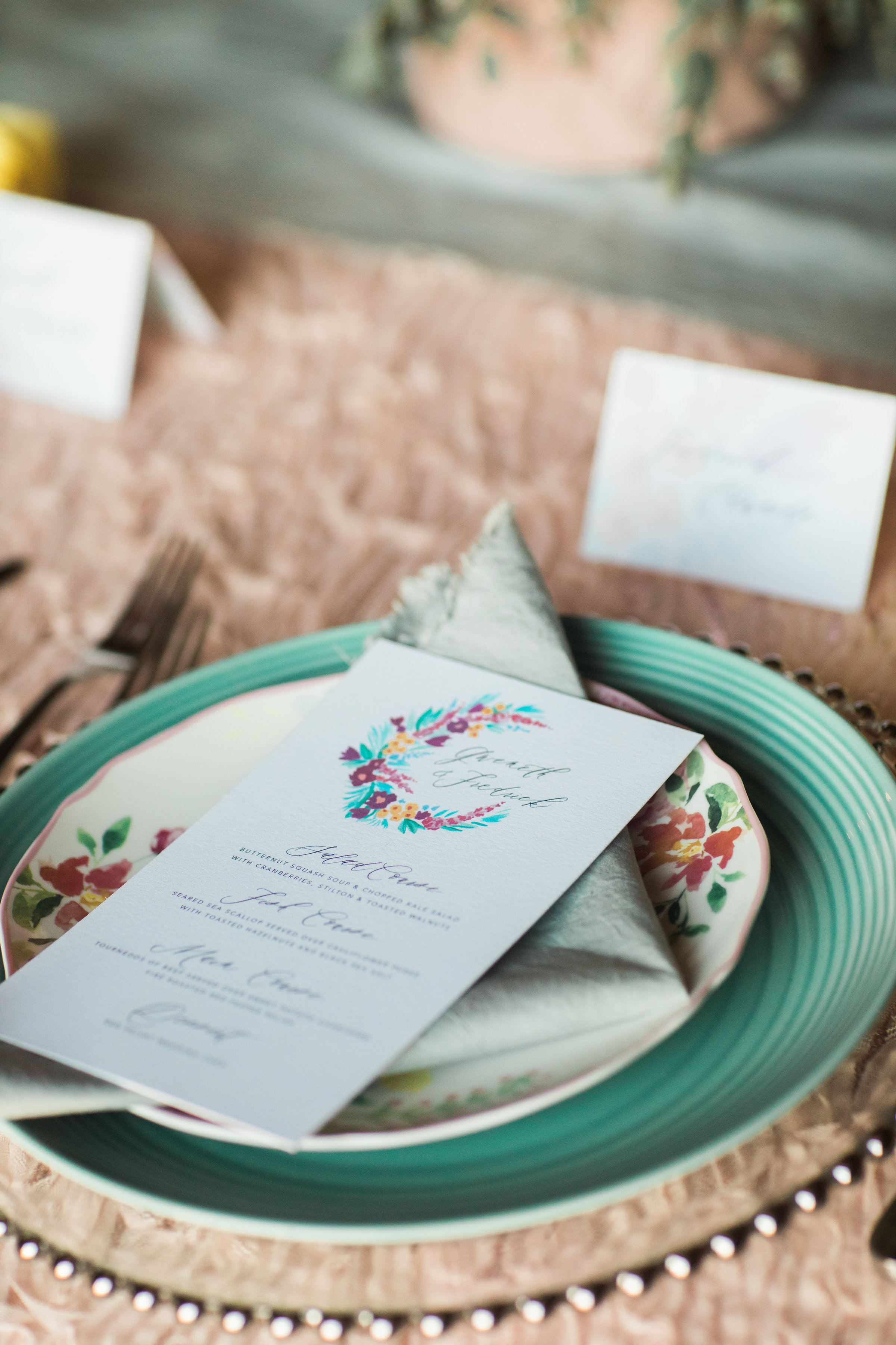 photo by Casey Brodley, napkin and table runner by Rosemarine Textiles, menu by Jade Social, event design by Pixie Dust Events