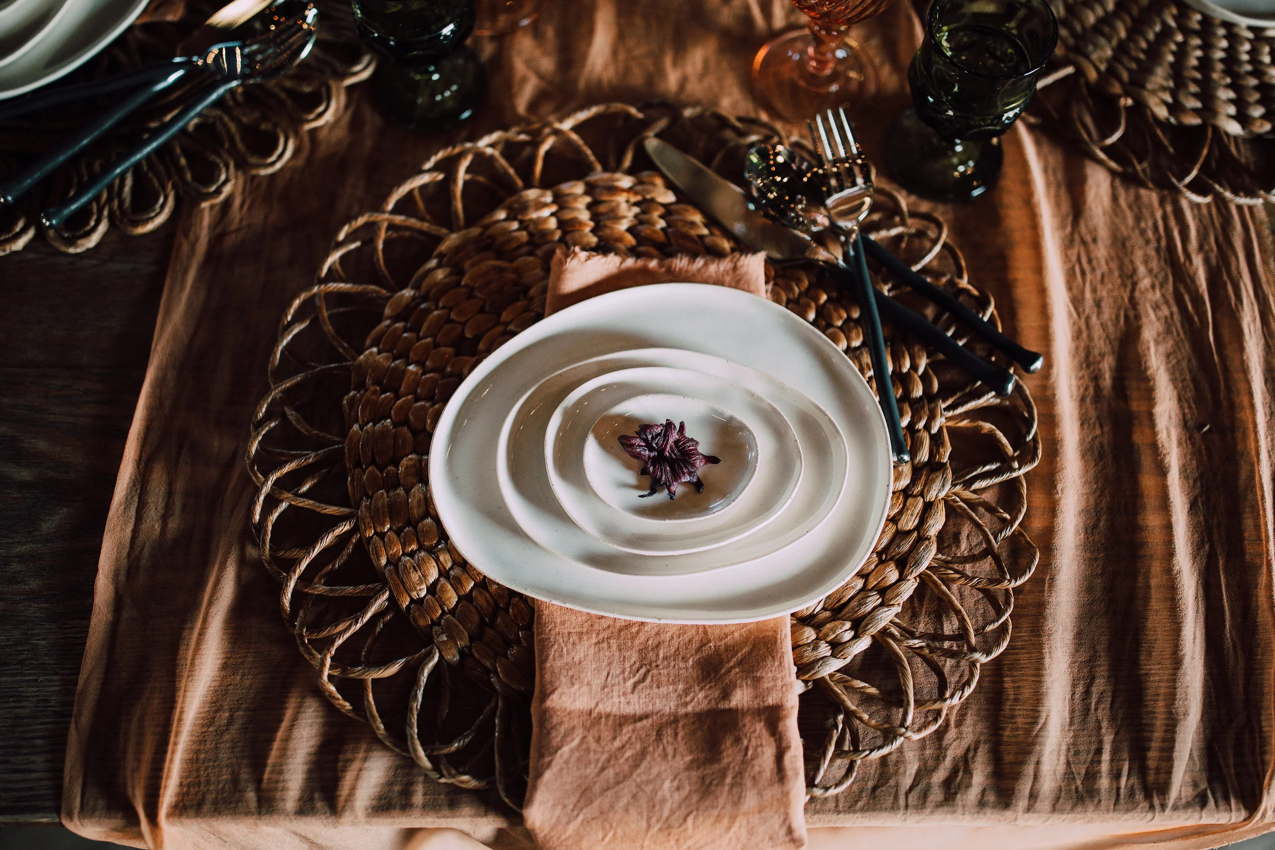 handmade ceramic plates by Make Do Studio, silk chiffon table runner & linen napkins by Rosemarine Textiles