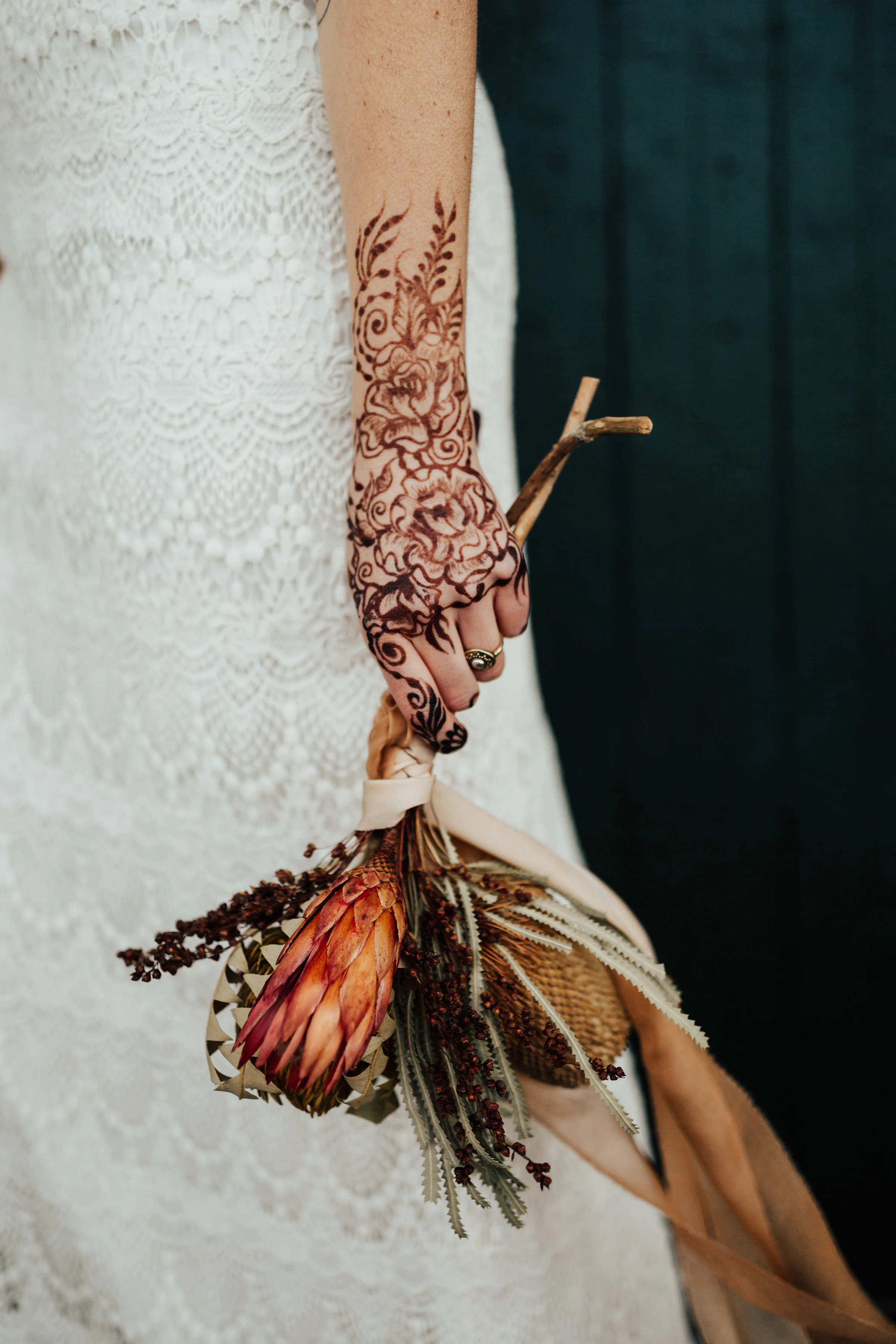 henna by Kelly Caroline, ribbon by Rosemarine Textiles, bouquet by Birch Affair, jewelry by Courtney Fischer, photo by Tana Helene