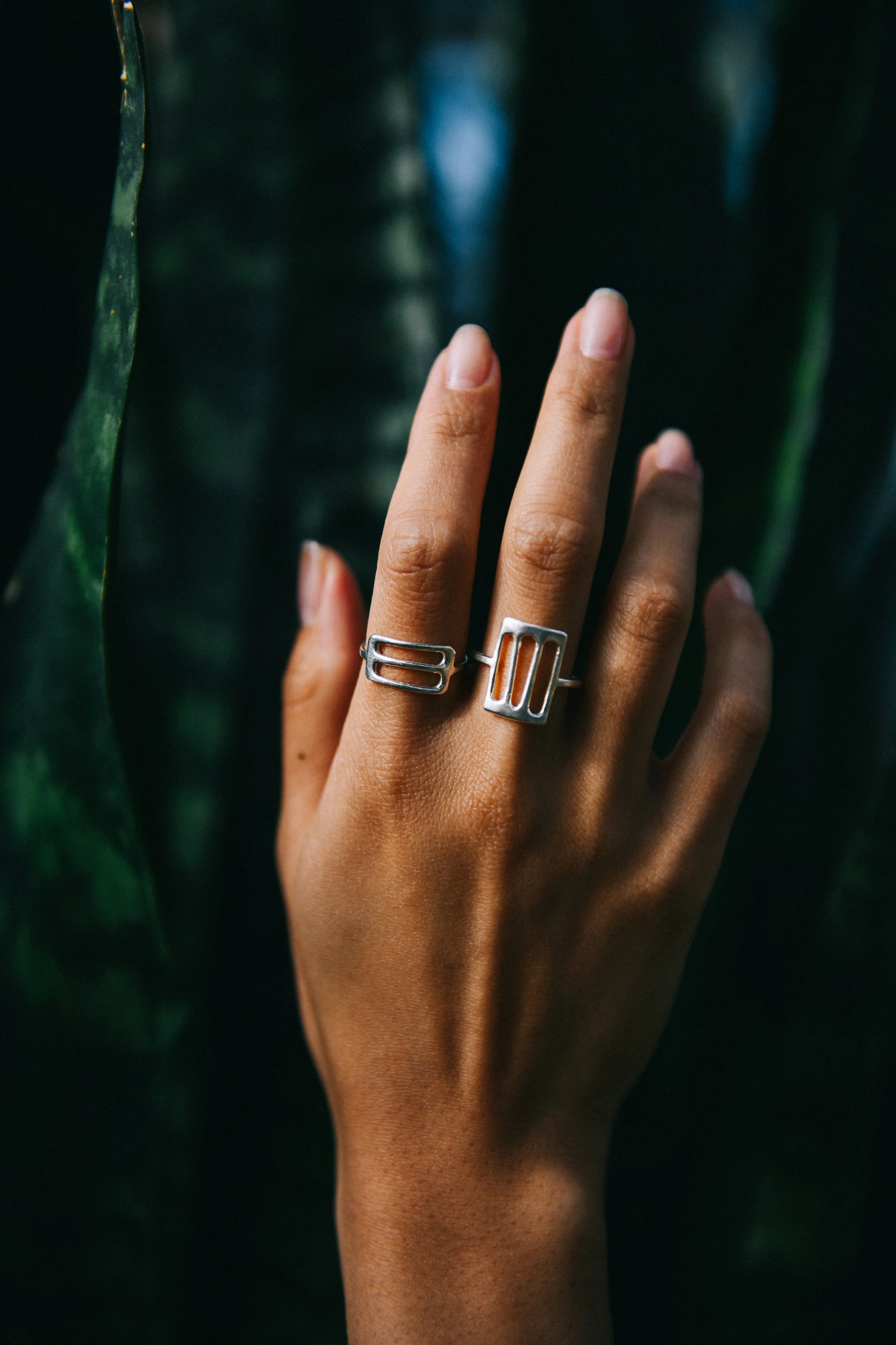 Corinth Ring (middle finger) and the Column Ring (index finger)