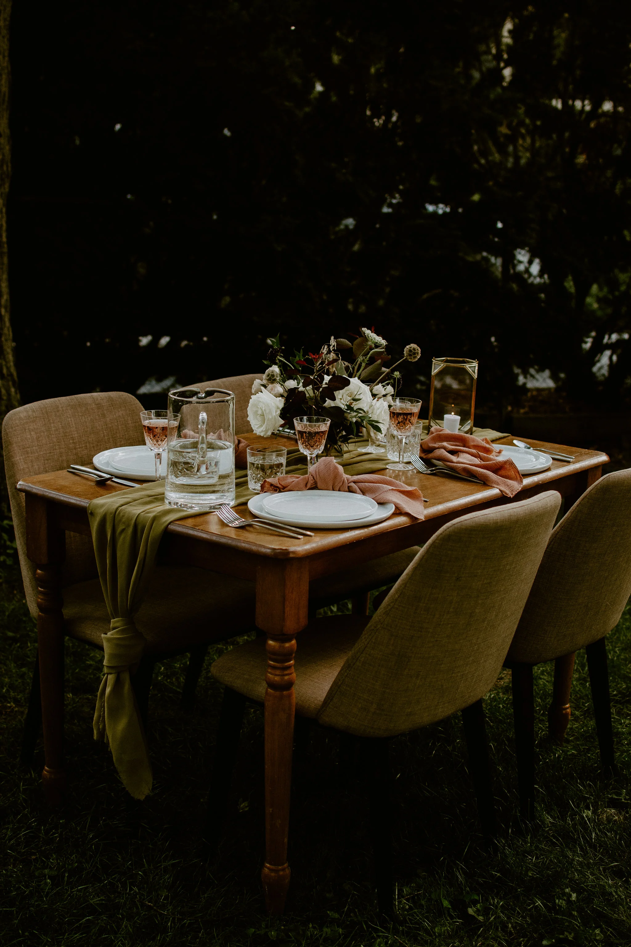 six yard deep chartreuse silk chiffon table runner knotted on the ends for extra dramatic drape // terracotta cotton gauze napkins