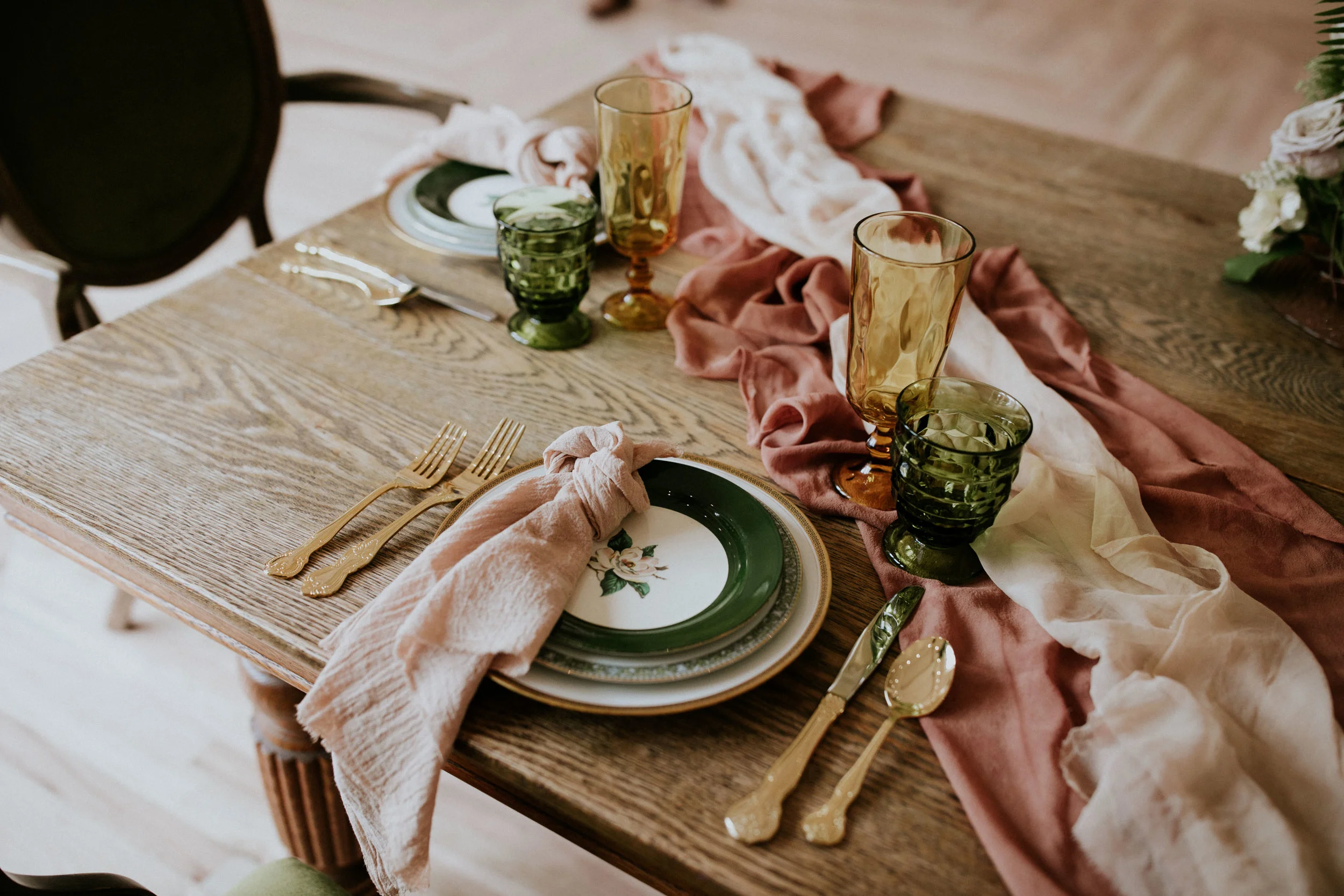 Rosemarine Textiles blush pink cotton gauze napkins , blush pink silk chiffon table runner and terracotta silk chiffon table runner
