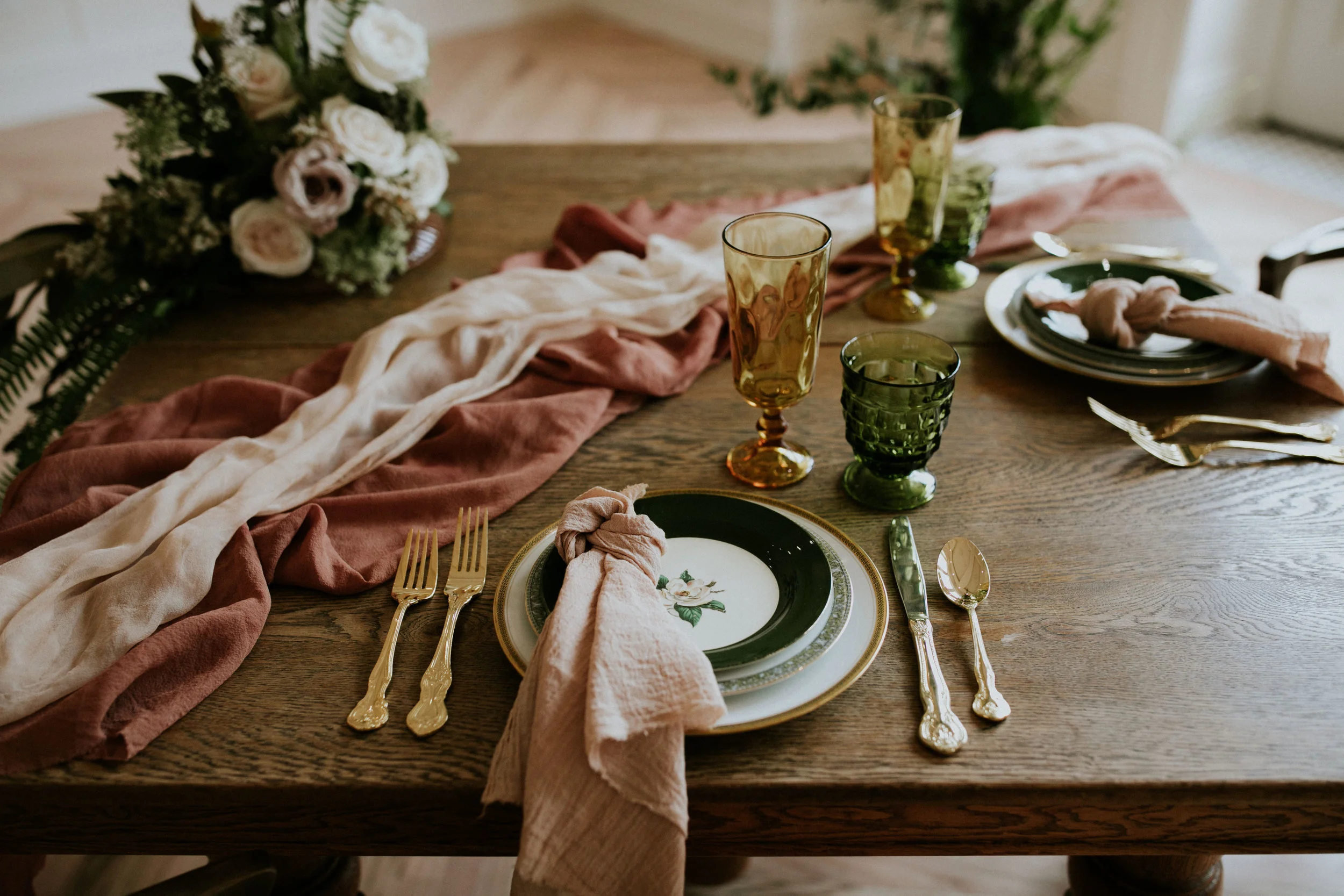 Blush Pink cotton gauze napkin, terracotta silk chiffon table runner, blush silk chiffon table runner, Vintage glassware and flatware: Gigi & Laclede