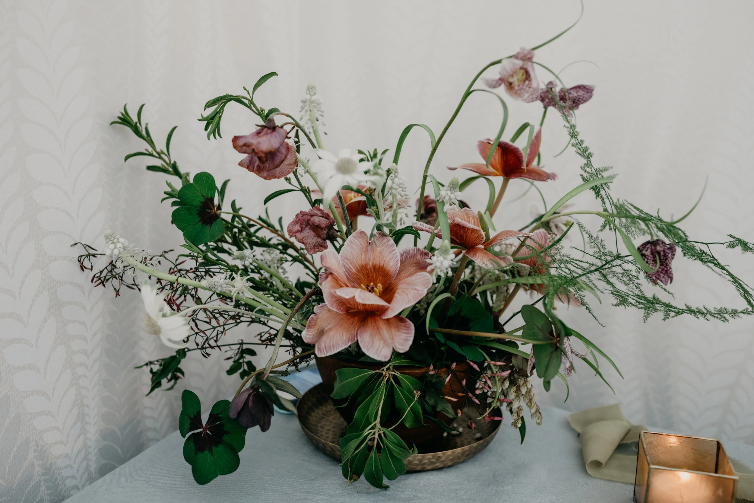 Floral Design by The Windflower Rosemarine Textiles chiffon ribbon in Pear Styling by The Revel Rose Calligraphy and Stationary by Plume and Proper Location: Venue3two Horse from Equine Assisted Development Nonprofit Photography by Arielle Teft Dress by Ali Nicole Bridal
