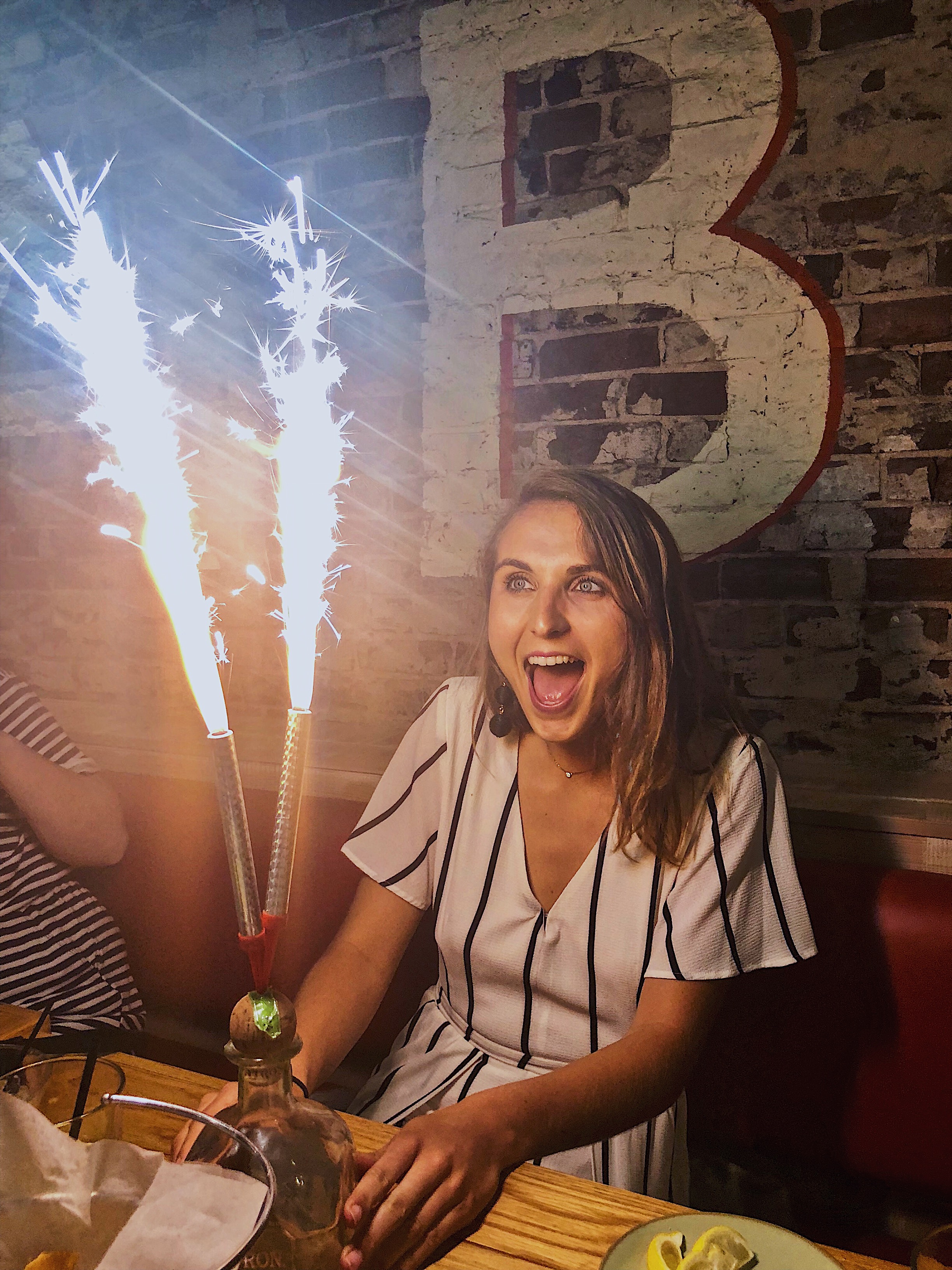 My friends and I went to Babalu's. A supper yummy tex-mex restuarant in downtown Knoxville. They might have the most epic birthday surprise ever for their guests. A patron bottle with massive sparklers blasting out of it. Go if you're in the area! And you too will have this face.