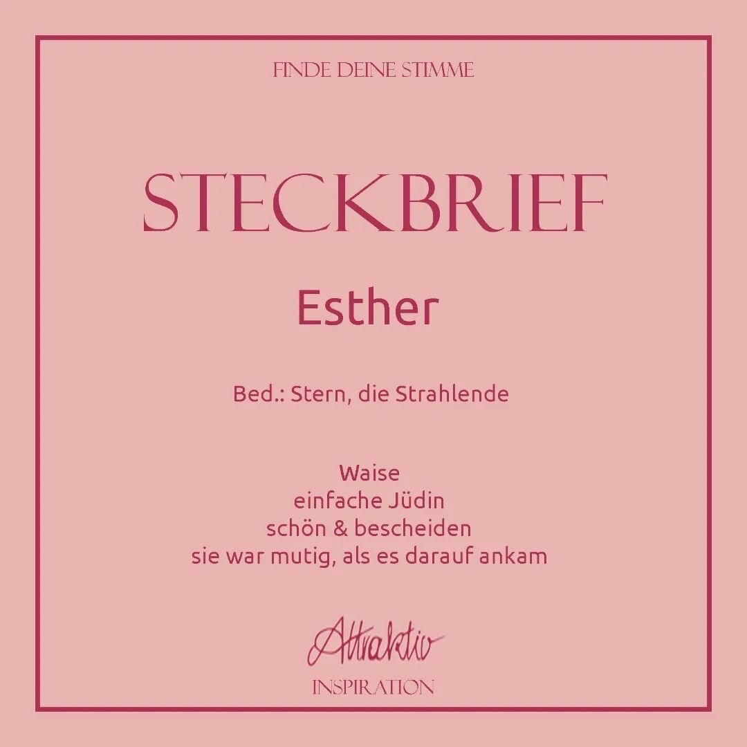 &bull; 𝐄𝐬𝐭𝐡𝐞𝐫 &bull; 

Esther wurde als junge Frau in den Palast geschickt um nach 12-monatiger Vorbereitung dem K&ouml;nig pr&auml;sentiert zu werden. 

Wusste Esther was vor ihr lag? Nein! Aber sie gehorchte trotzdem. 

Esther gehorchtet und 