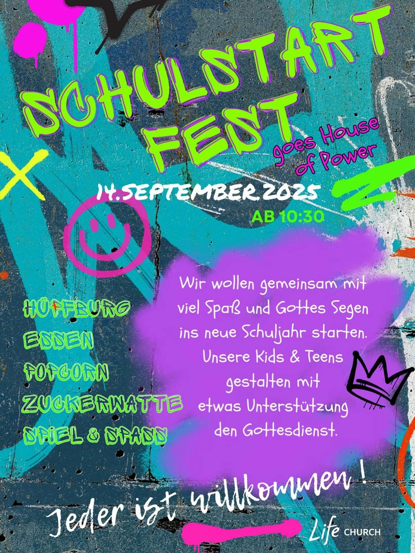 Hey! 😎 Morgen feiern wir das Schulstartfest goes House of Power! 📚✂️✏️🔥🔥🔥

Was erwartet dich?🙌🏼 
🥳Unsere Kinder und Jugendlichen gestalten zusammen mit den Erwachsenen den Gottesdienst! 

es gibt&hellip;
🌭Essen im Anschluss
🎨Kinderschminken