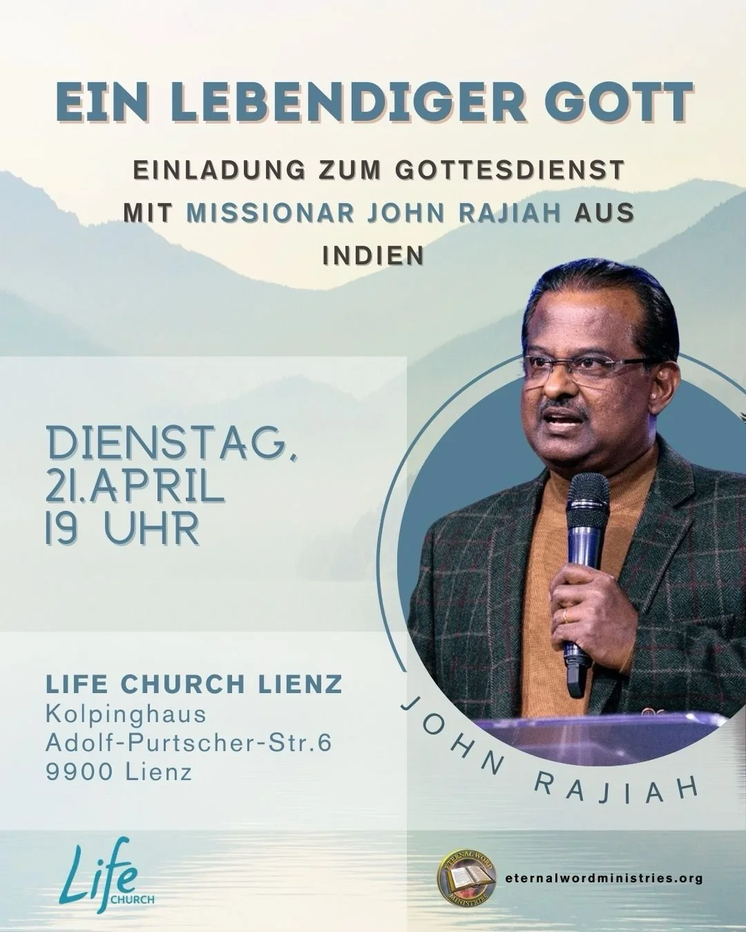 Gottesdienst mit Missionar John Rajiah im Kolpinghaus Lienz. Herzlich Wilkommen!