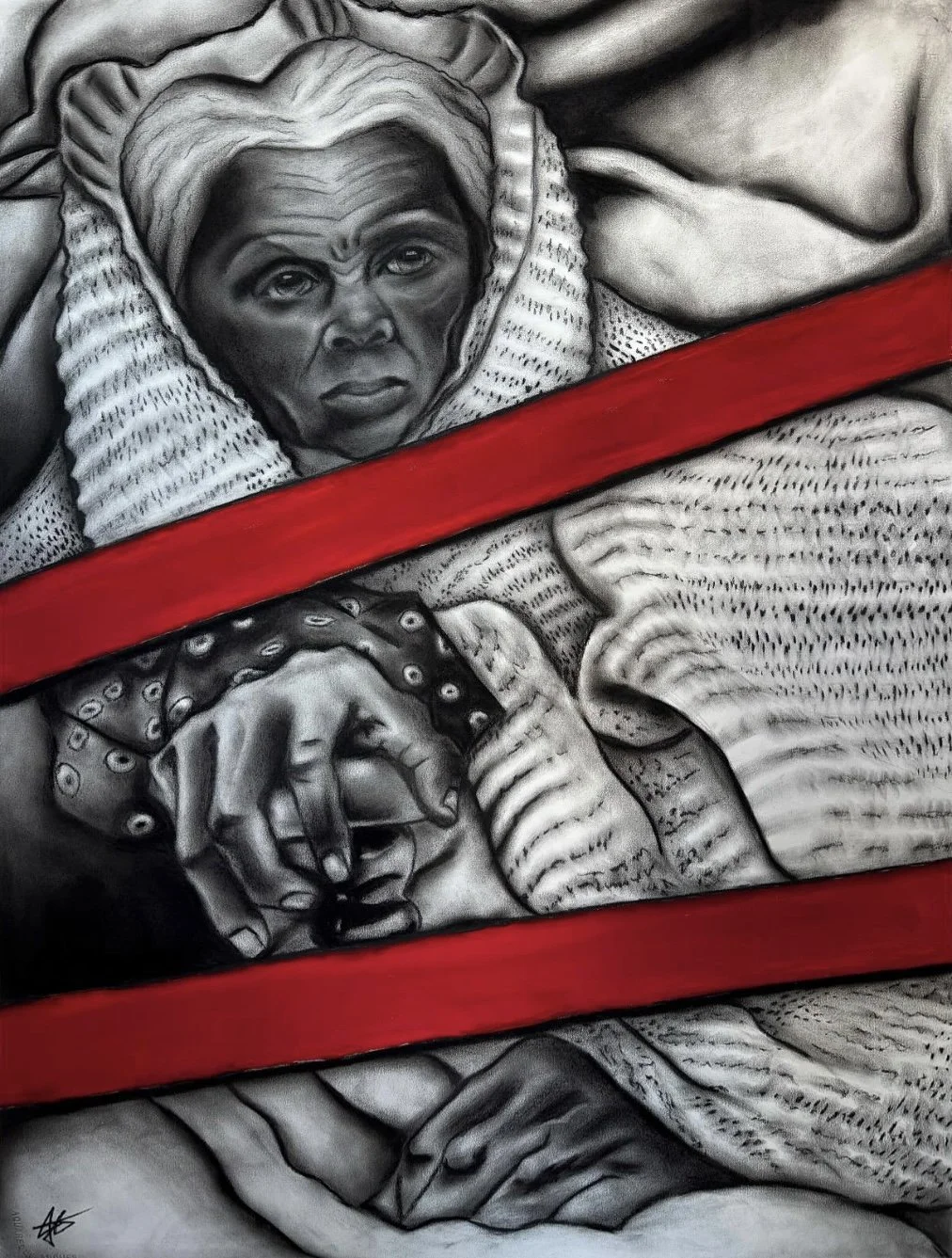 AN AMERICAN HERO , 08.25, charcoal + watercolor on paper, 30” x 22”