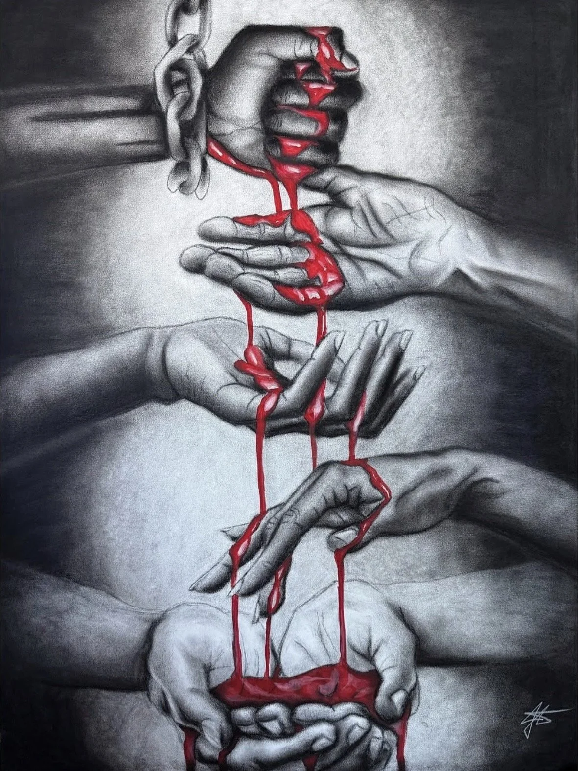    BLOOD OF MY ANCESTORS , 12.25, charcoal + watercolor on paper, 30” x 22”  