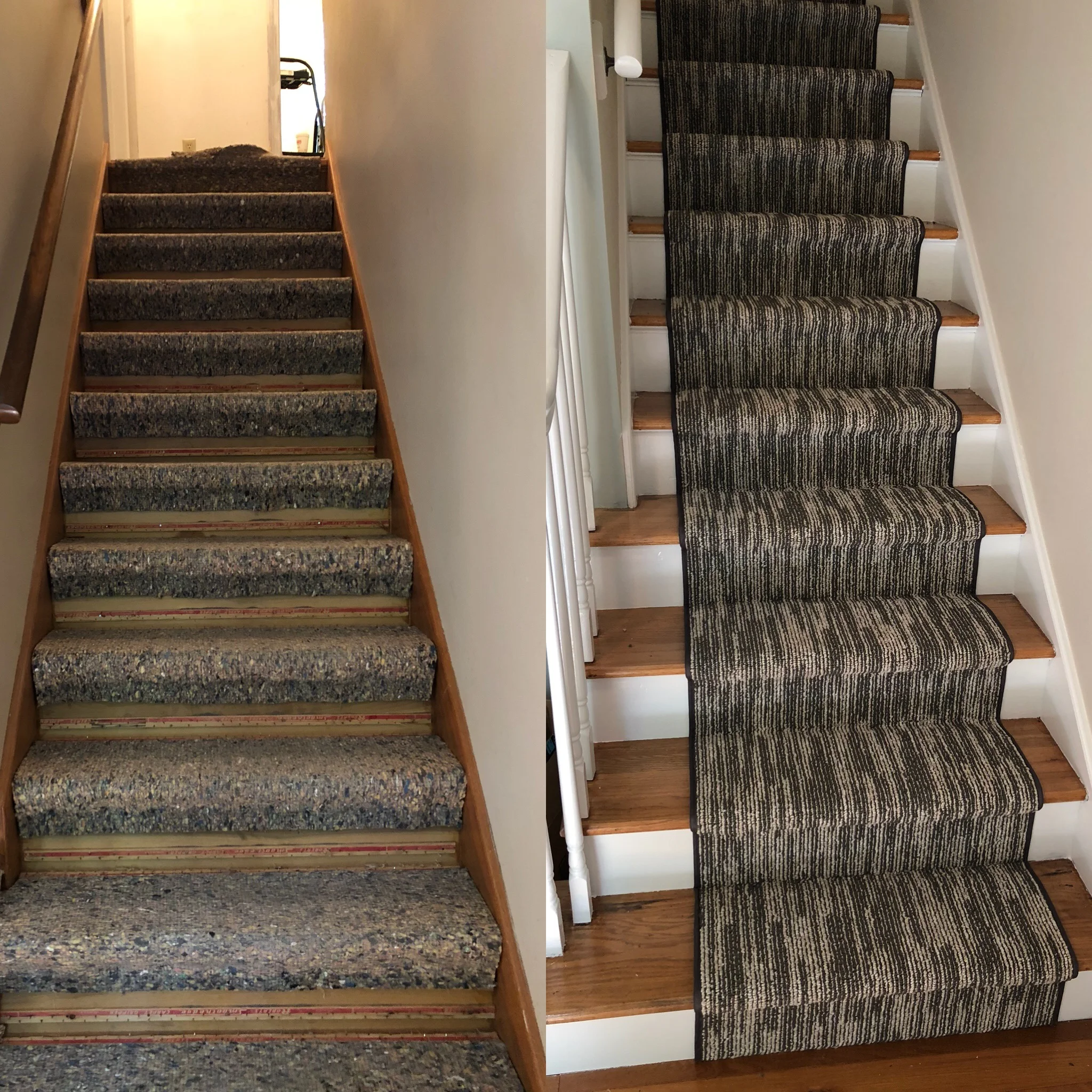 here is a side by side view of what were all about here at coastal concepts. upon tearing out an old wall to wall carpet on a flight of staris in westbrook, ct- we found some beautiful hardwood floors! we ditched the wall to wall carpet and refinished and painted the steps & Treads and laid this BEAUTIFUL bound runner to absorb some of the traffic. (we love supporting local business and we use a local bindery for all of our binding and surging needs!)