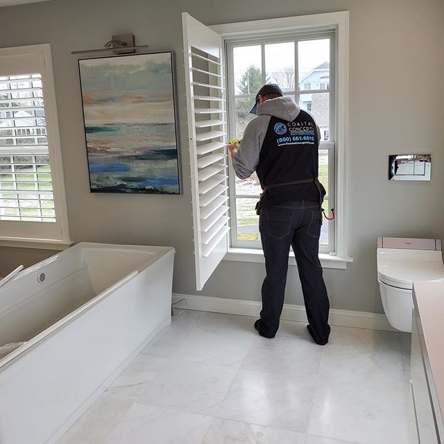 A little special preview of today&rsquo;s Norman Woodlore Plus shutter install in #madisonCT . Woodlore Plus shutters are perfect treatment for any bathroom. Not only are they extremely moisture resistant, but they also are impervious to shrinking an