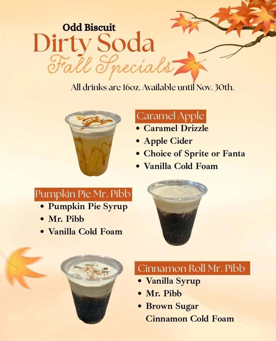 🍂 Our seasonal Dirty Sodas are available now until November 30th. All seasonal drinks come in 16oz.