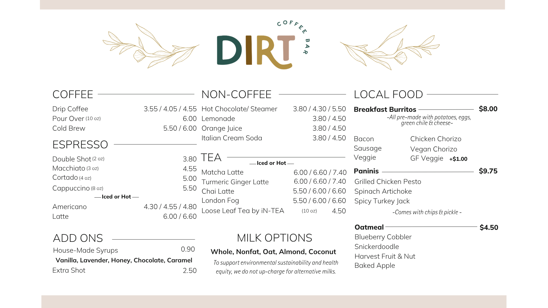 Menu from Dirt Coffee Bar featuring coffee drinks, non-coffee beverages, local food, add-ons, and milk options with decorative leaves at the top.