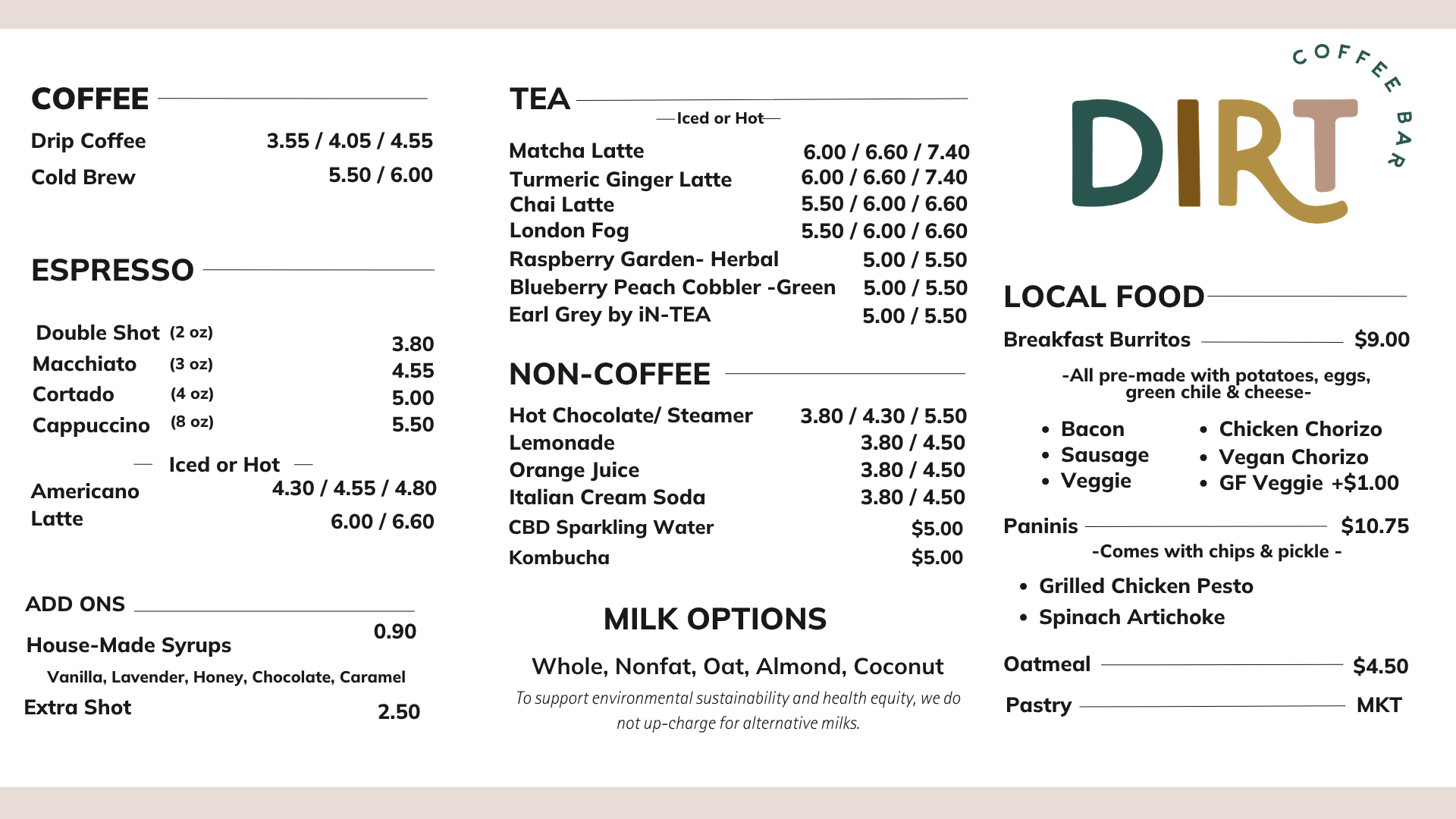 A restaurant menu featuring coffee, tea, espresso, non-coffee drinks, local food, and add-ons, with a colorful restaurant logo on the right.