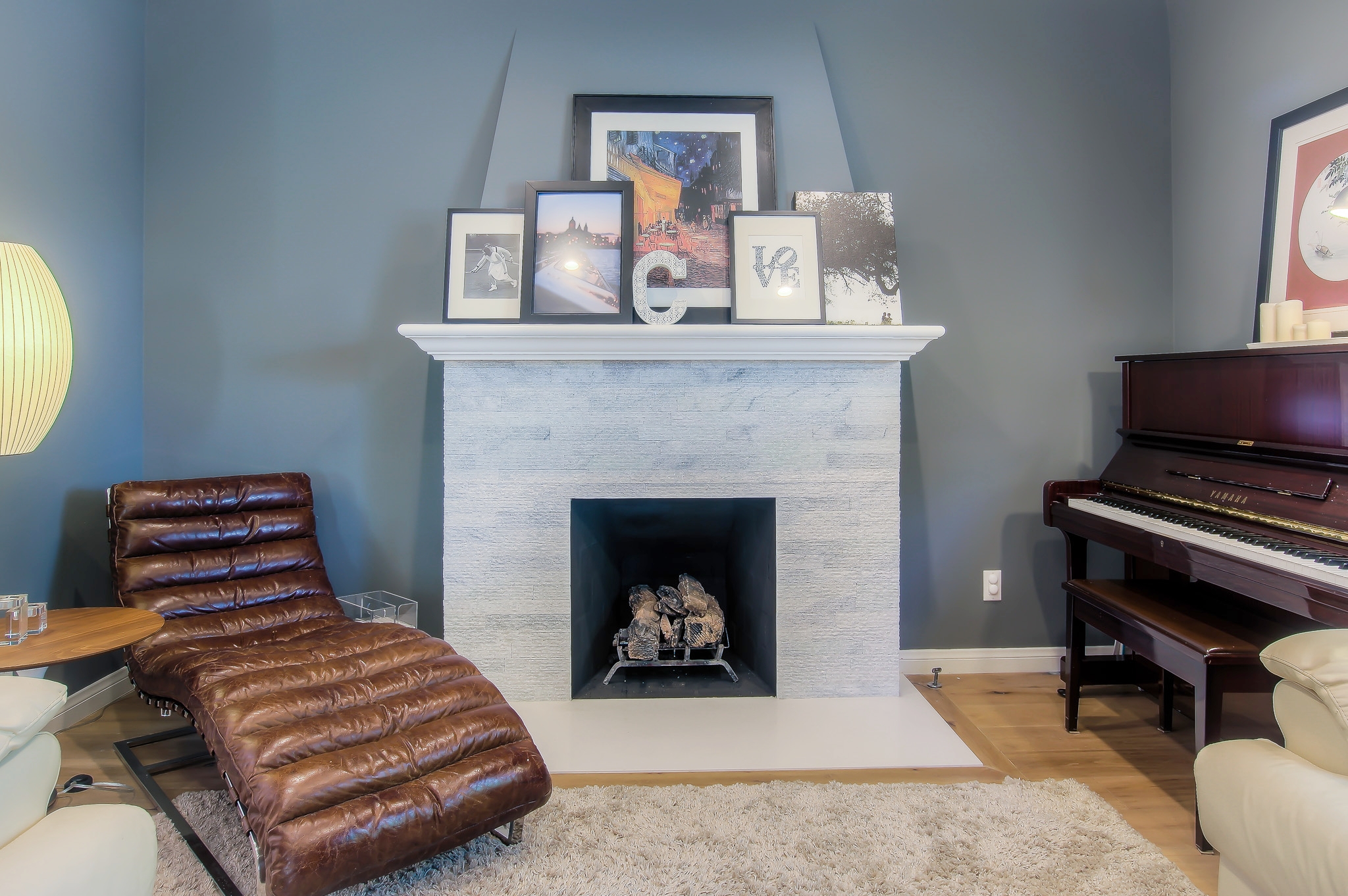 Culver City bold and colorful living room and fireplace