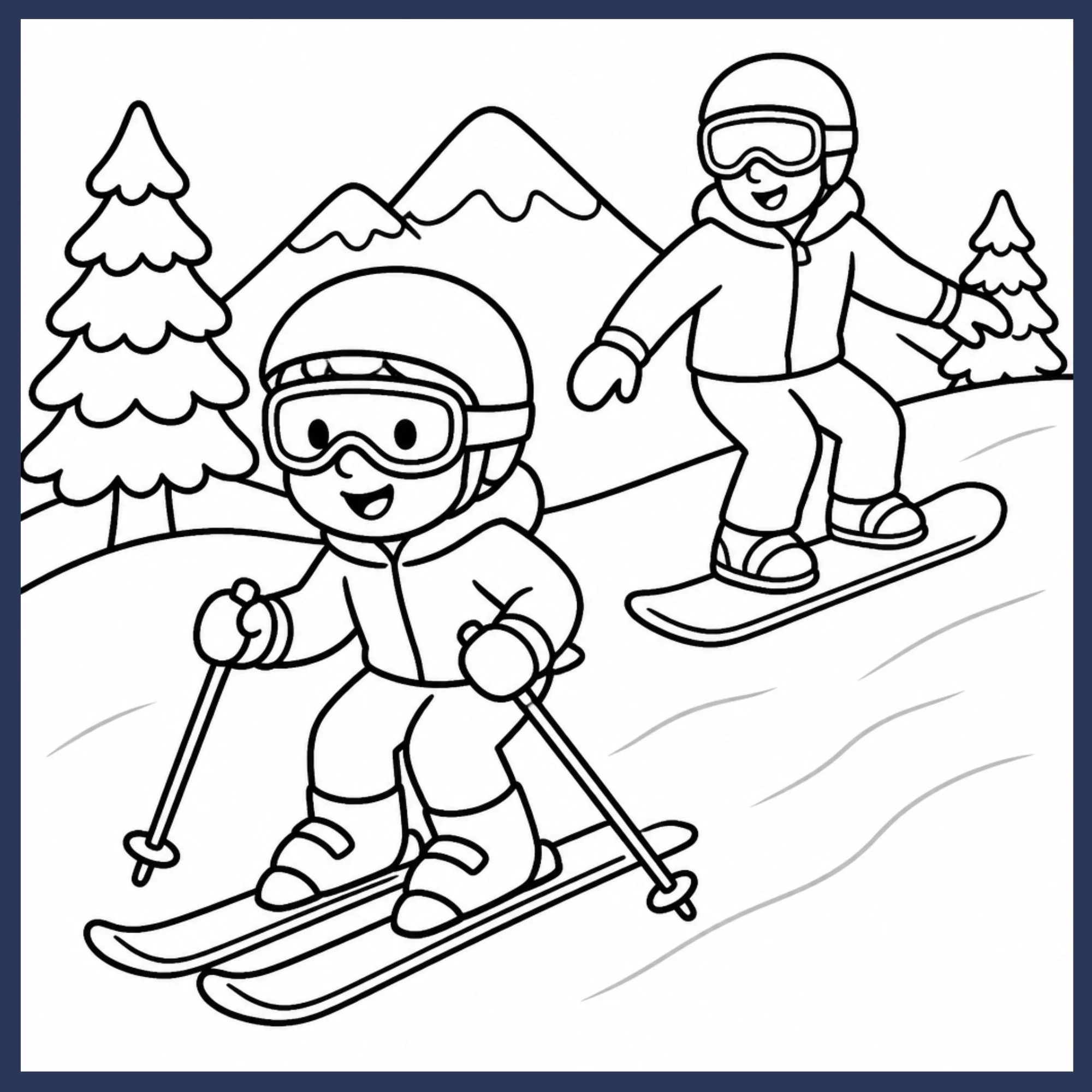 line drawing of a child skiing down a ski hill with their parent snowboarding behind them