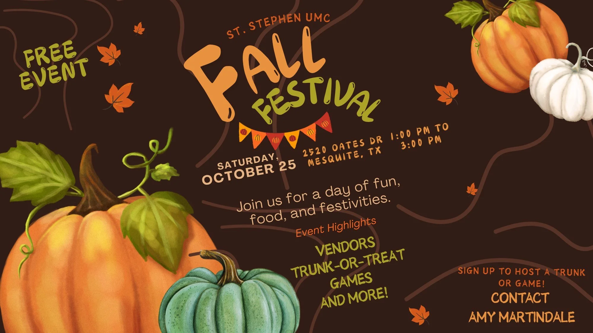 🍂🎃 It&rsquo;s time for Fall fun at St. Stephen UMC! Join us on Saturday, October 25 from 1&ndash;3 PM for our FREE Fall Festival.

🍁 Vendors
🍭 Trunk-or-Treat
🎲 Games &amp; More!

Bring your family, invite your friends, and come celebrate the sea