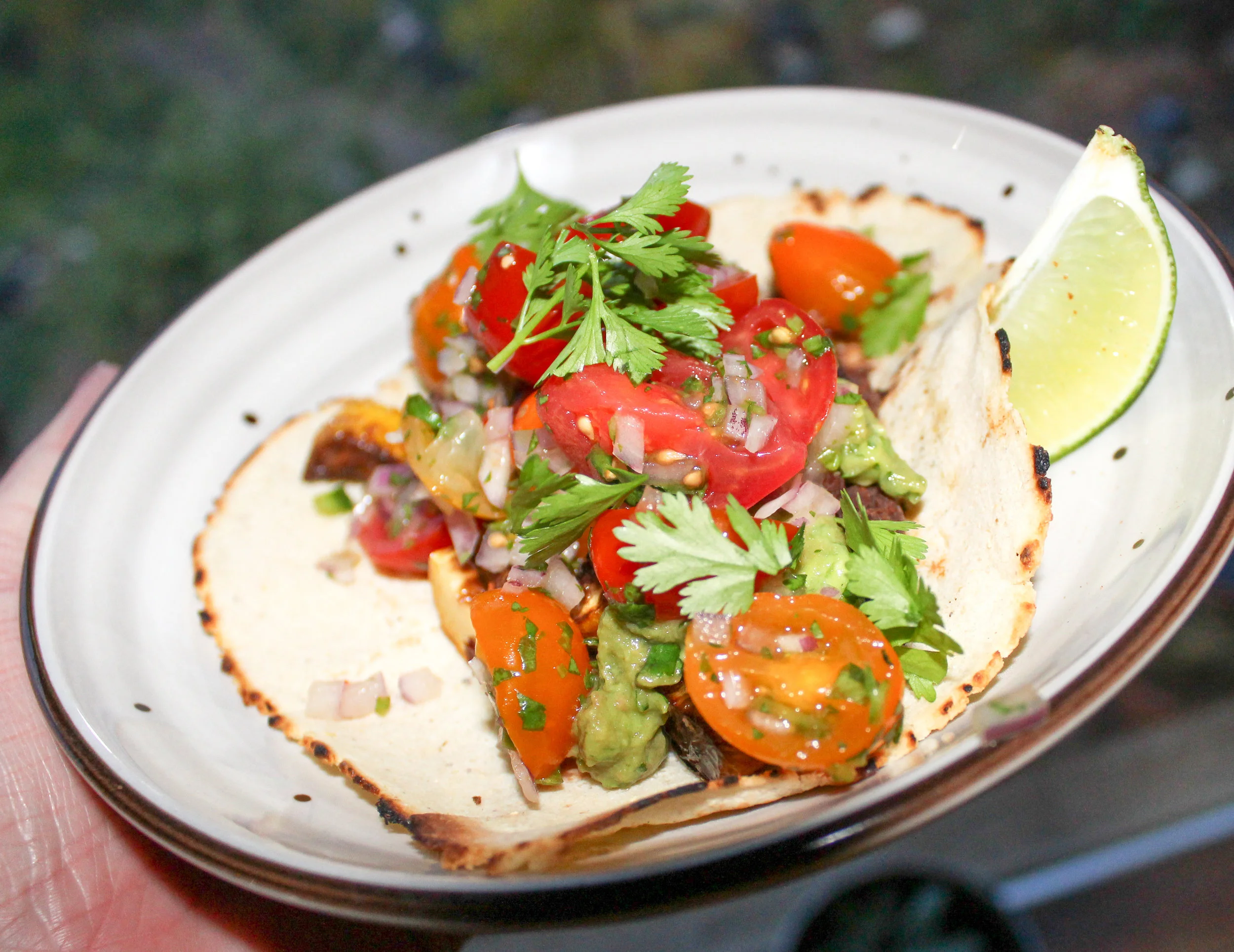 Squash Taco with garden kale, black beans, pico, & guacamole