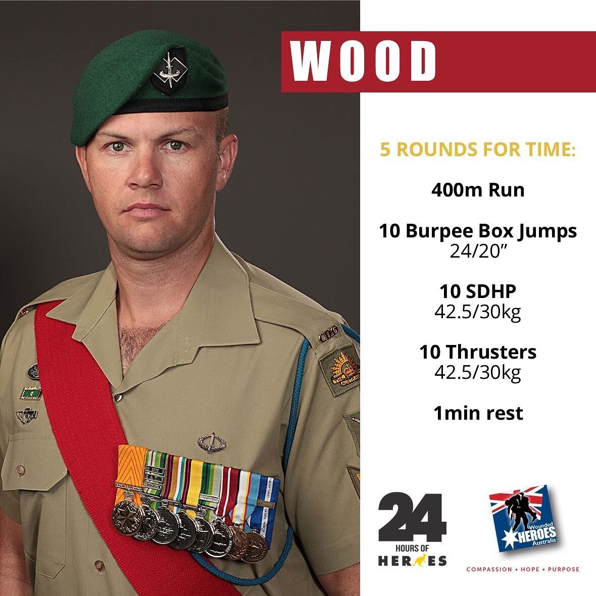 Workout #9
&ldquo;Wood&rdquo;

In Honour of: Brett Wood 

Australian Army Sergeant Brett Wood MG, 32, of Ferntree Gully, VIC, assigned to the 2nd Commando Regiment, based in Sydney, NSW, died on May 23, 2011, in Helmand province, Afghanistan, after i