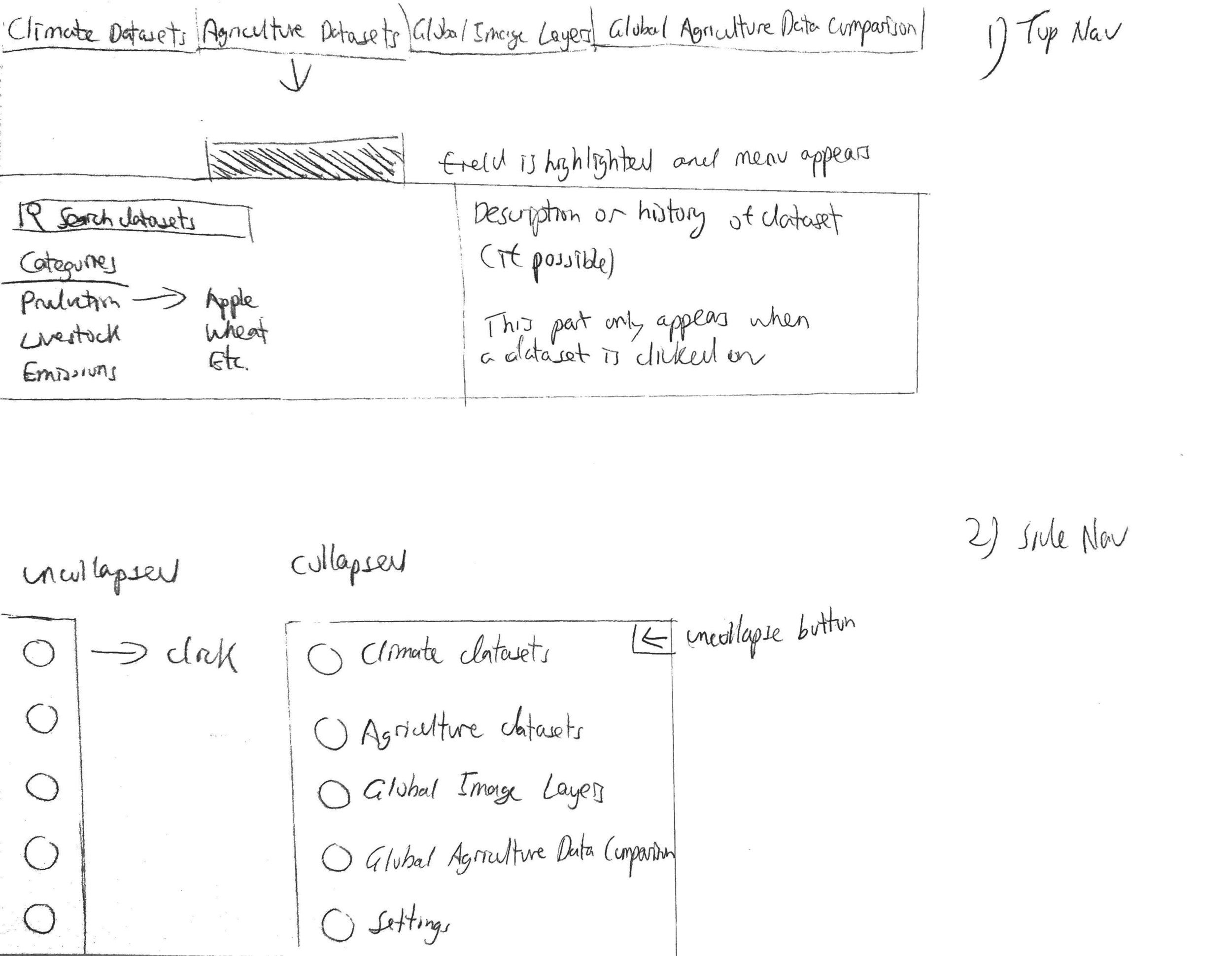 Two types of navigation that I sketched before creating mockups in Sketch and prototypes in live code.