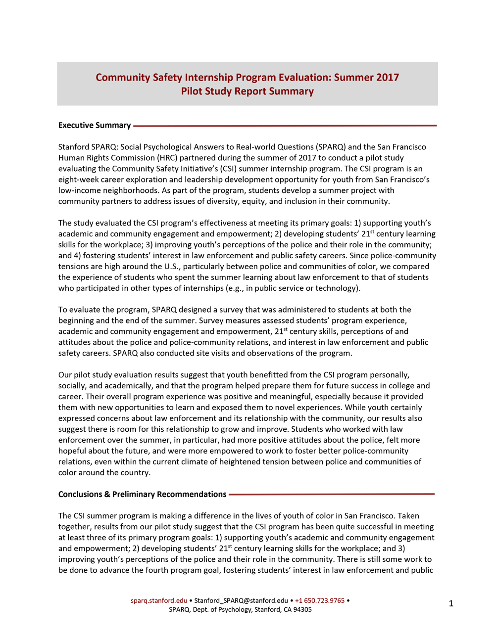 CSI Internship Program Evaluation - Summer 2017 Pilot Study Report Summary
