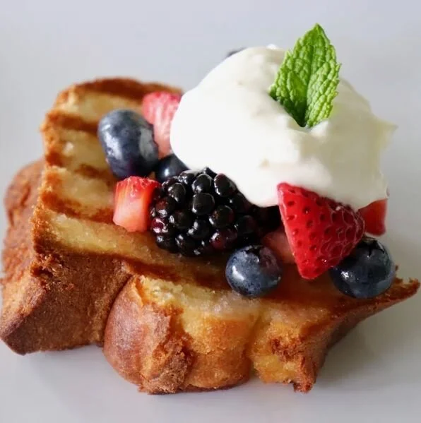 Grilled Pound Cake with Mixed Berries and Fresh Whipped Cream