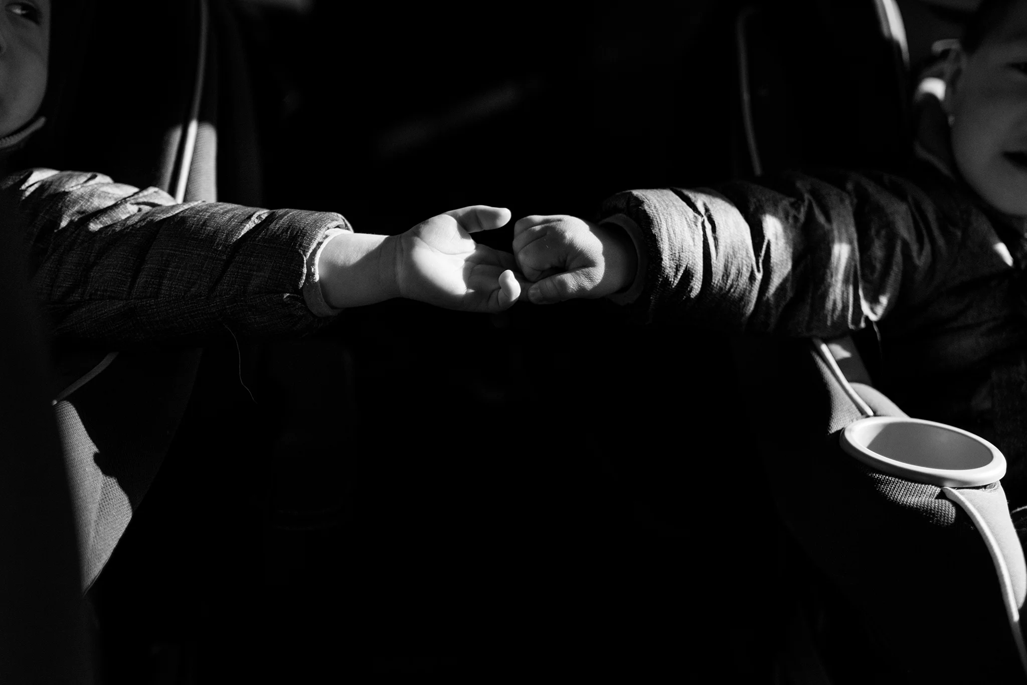 twin toddlers holding hands in the car