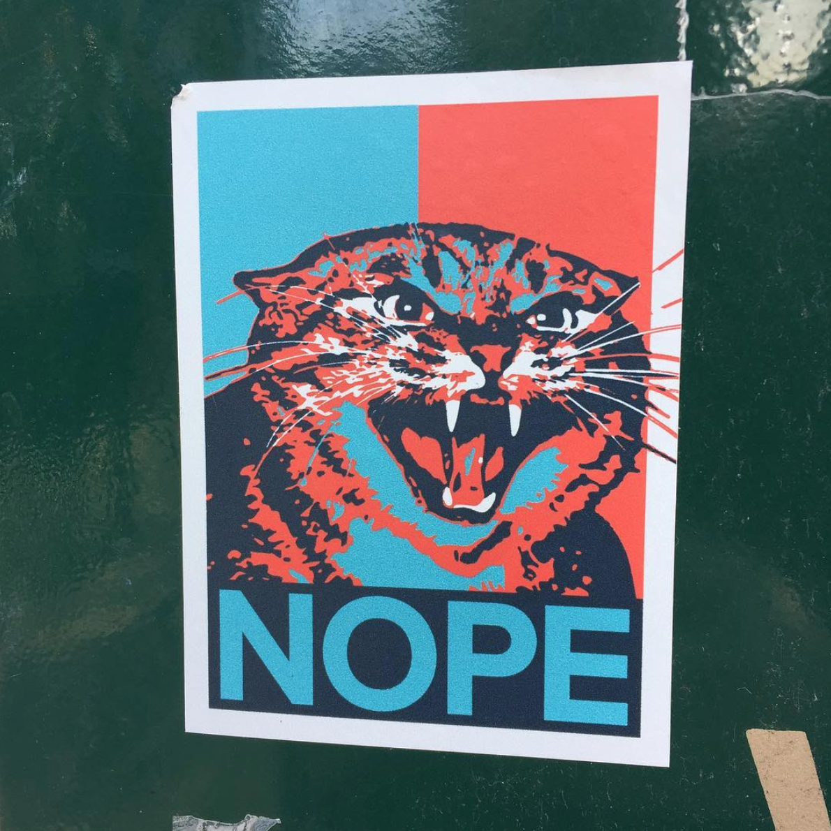 Picture of Cat in the design of President Obama's original campaign Hope poster saying "Nope"