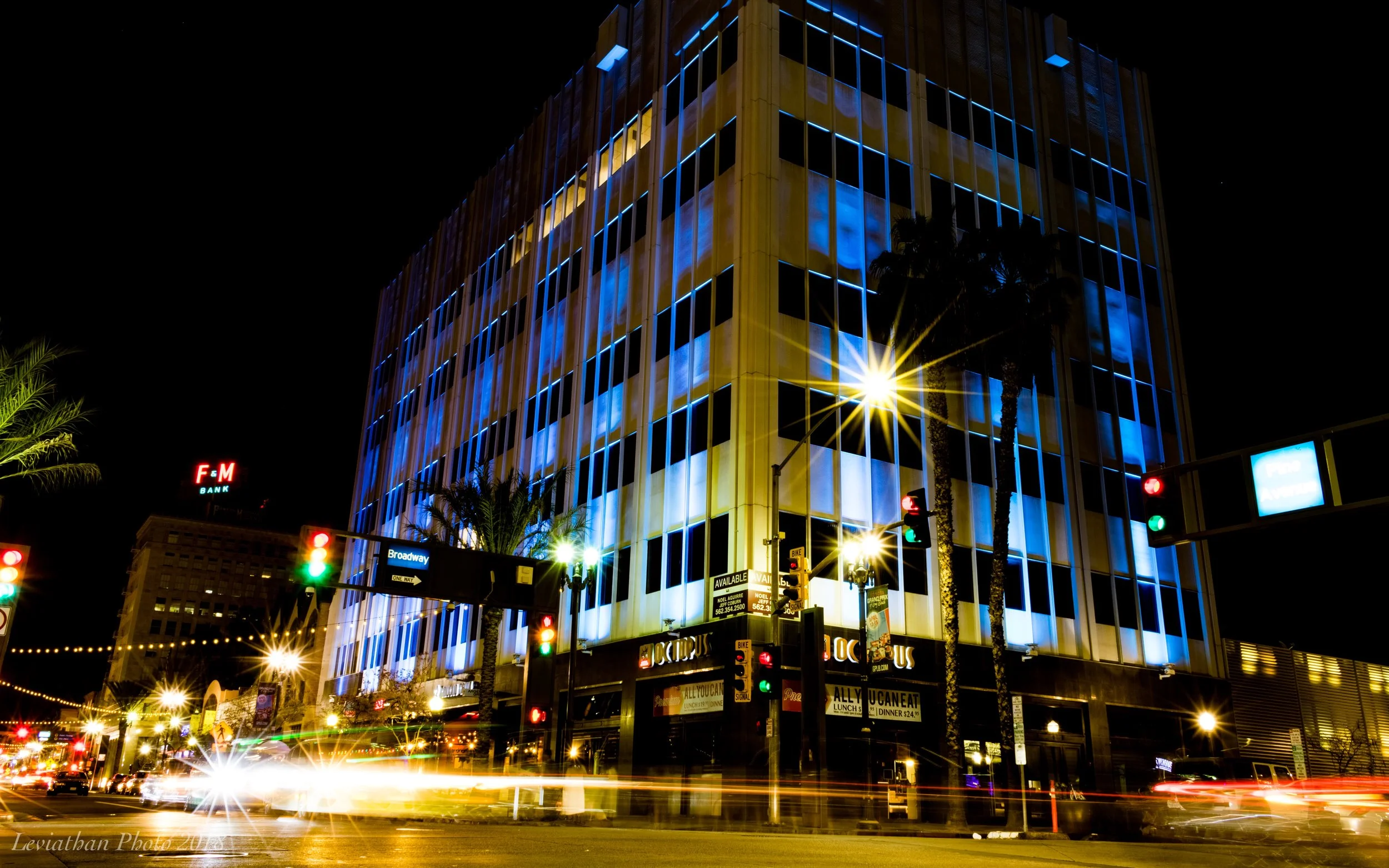 Blue building on a busy street