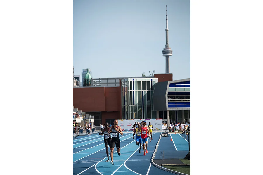 Brandon McBride and Marco Arop of Canada cross the finish line in first and second place, during the Men’s 800m race at the NACAC Championships in Toronto.