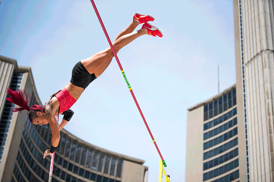 A five-photo sequence of Canadian pole vaulter Anicka Newell clearing the bar during Athletics Canada’s Track & Field Takeover in Toronto, ON.