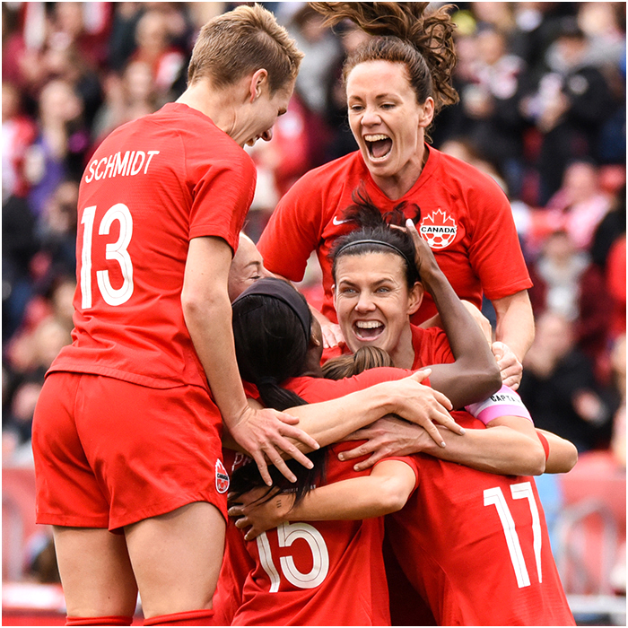 Team Canada forward Christine Sinclair celebrates after scoring a goal against Mexico during a friendly at BMO Field in Toronto, Ont.