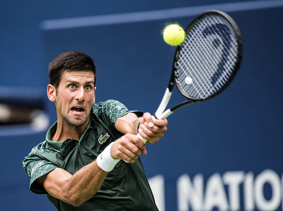 Novak Djokovic hits a shot during the 2018 Rogers Cup in Toronto, Ont.