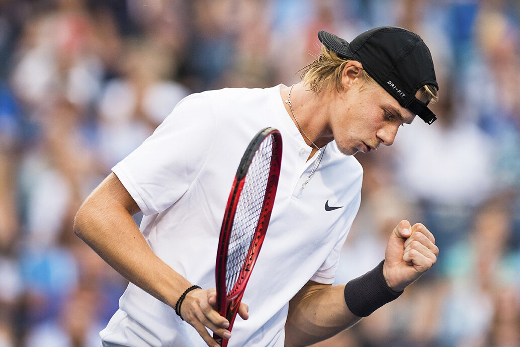 Denis Shapovalov pumps his fist after winning a closely contested set at the Rogers Cup.