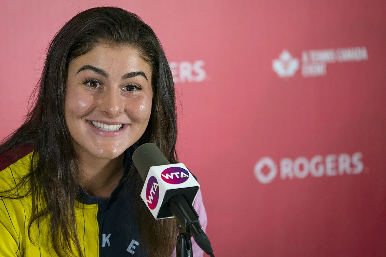 Bianca Andreescu speaks at a press conference held at the Aviva Centre following her victory at the 2019 Rogers Cup.