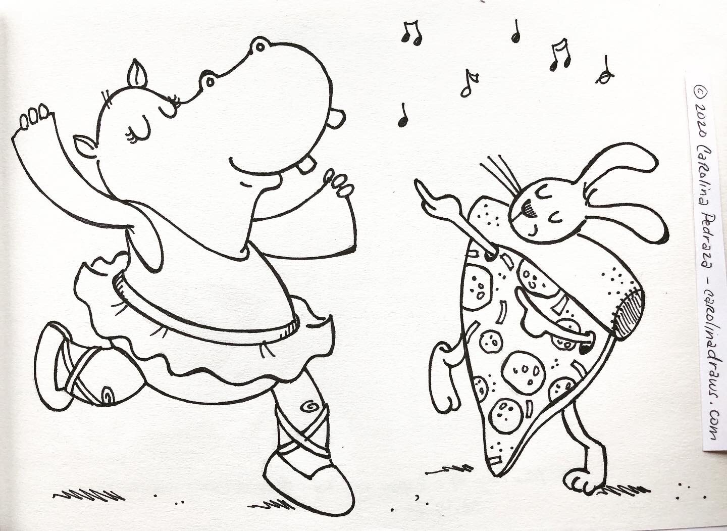  a hippo wearing  a tutu  dancing with a pizza  (mia, age 8) 